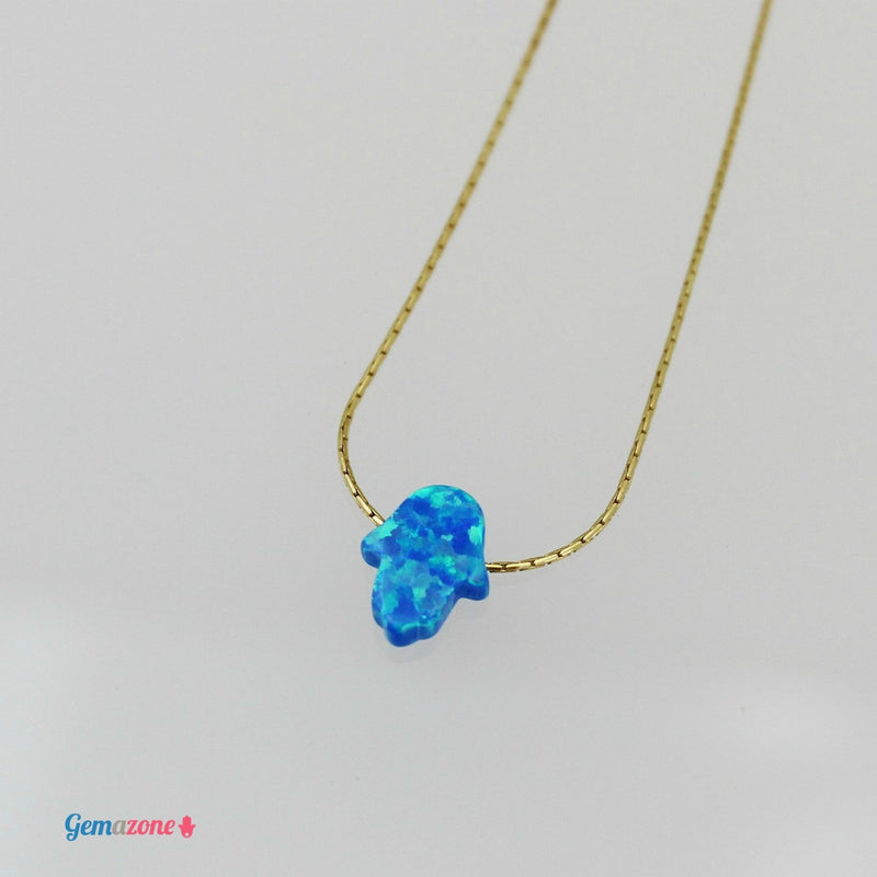 שרשרת גולדפילד עדינה עם תליון חמסה קטנה בצבע אופל כחול כהה - Gemazone Jewelry הבית שלך לתכשיטים עדינים