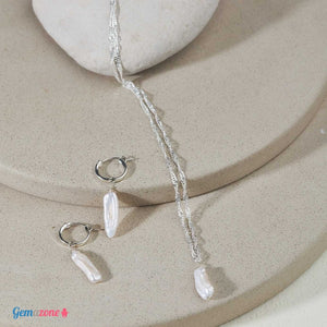 עגילי חישוק כסף עם תליון פנינה טבעית ארוכה - Gemazone Jewelry ג'מזון תכשיטים