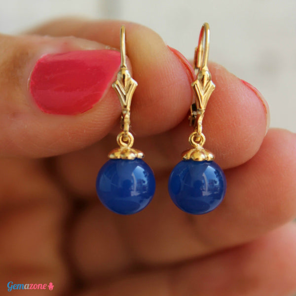 עגילים תלויים עם חרוז בודד אגת כחול טבעי - Gemazone Jewelry הבית שלך לתכשיטים עדינים