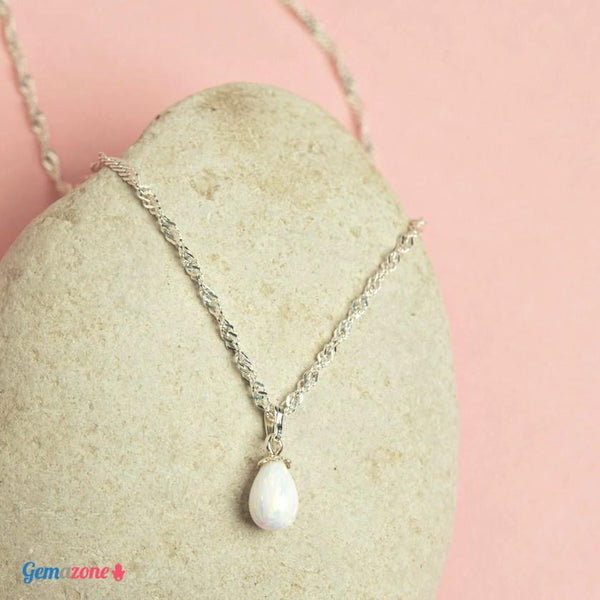 שרשרת כסף עם תליון טיפה באבן אופל לבן - Gemazone Jewelry הבית שלך לתכשיטים עדינים
